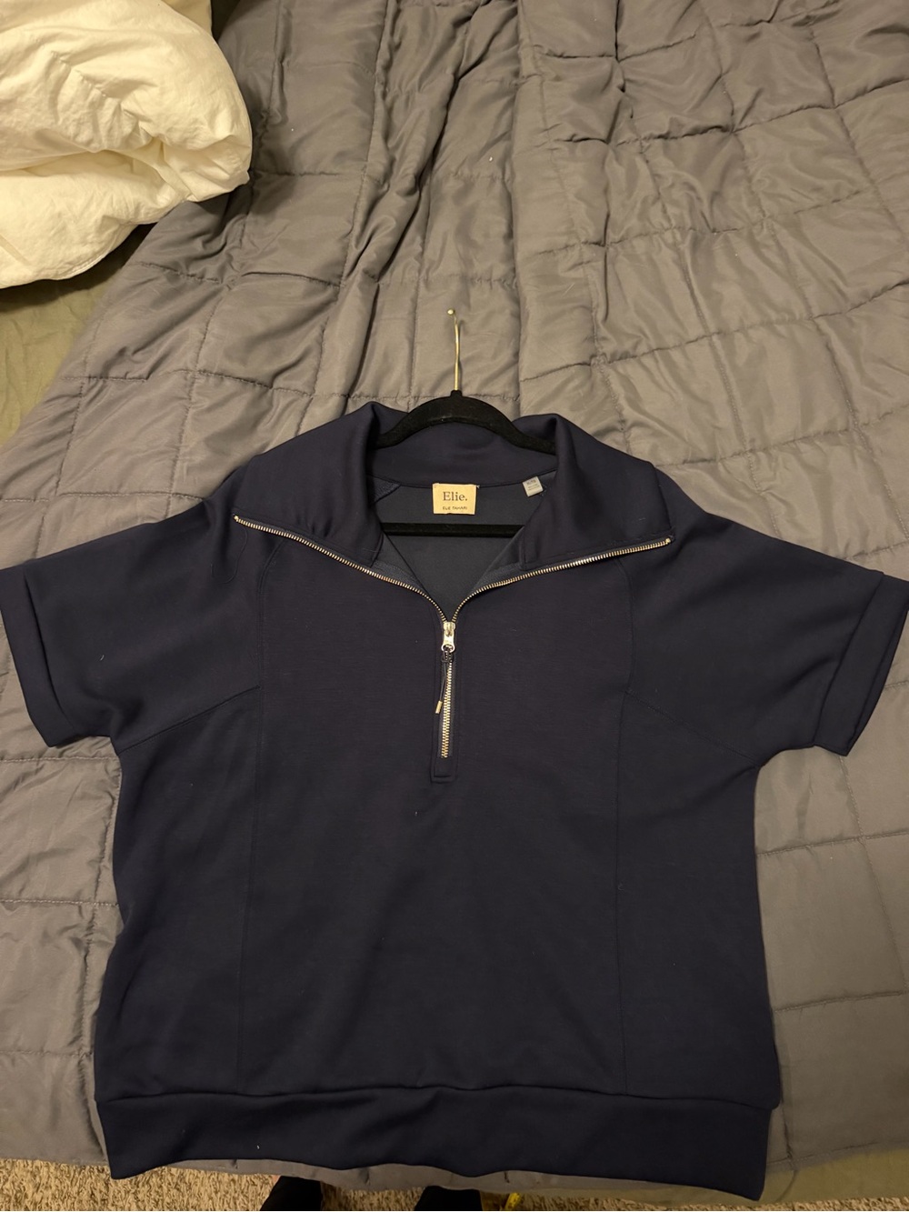 Ellie Navy Short-Sleeve Zip Mock Neck Top